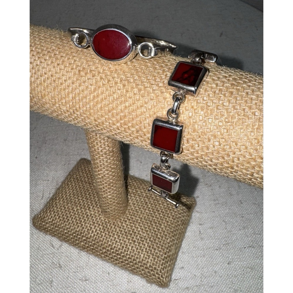 ATI Mexico 925 Sterling Silver Vintage Bracelets Toggle Bangle Red Stones